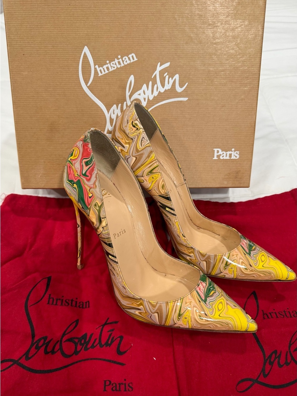 Christian Louboutin Yellow Multicolor Marble Patent Stiletto Pumps